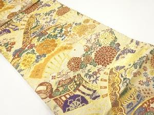 アンティーク 扇に草花・御所車模様織出し丸帯(材料)